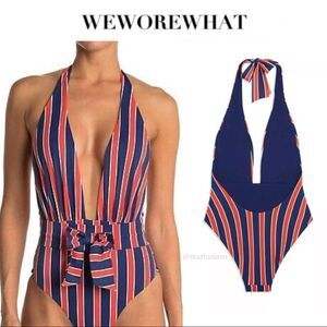 WeWoreWhat Brooklyn Red And Blue Striped One Piece Swimsuit Size Medium